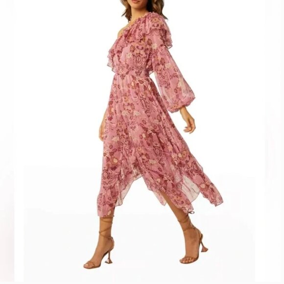 Misa Los Angeles Vola Dress in Cristobal Mirror Flora One Shoulder Ruffle Medium - Picture 2 of 9